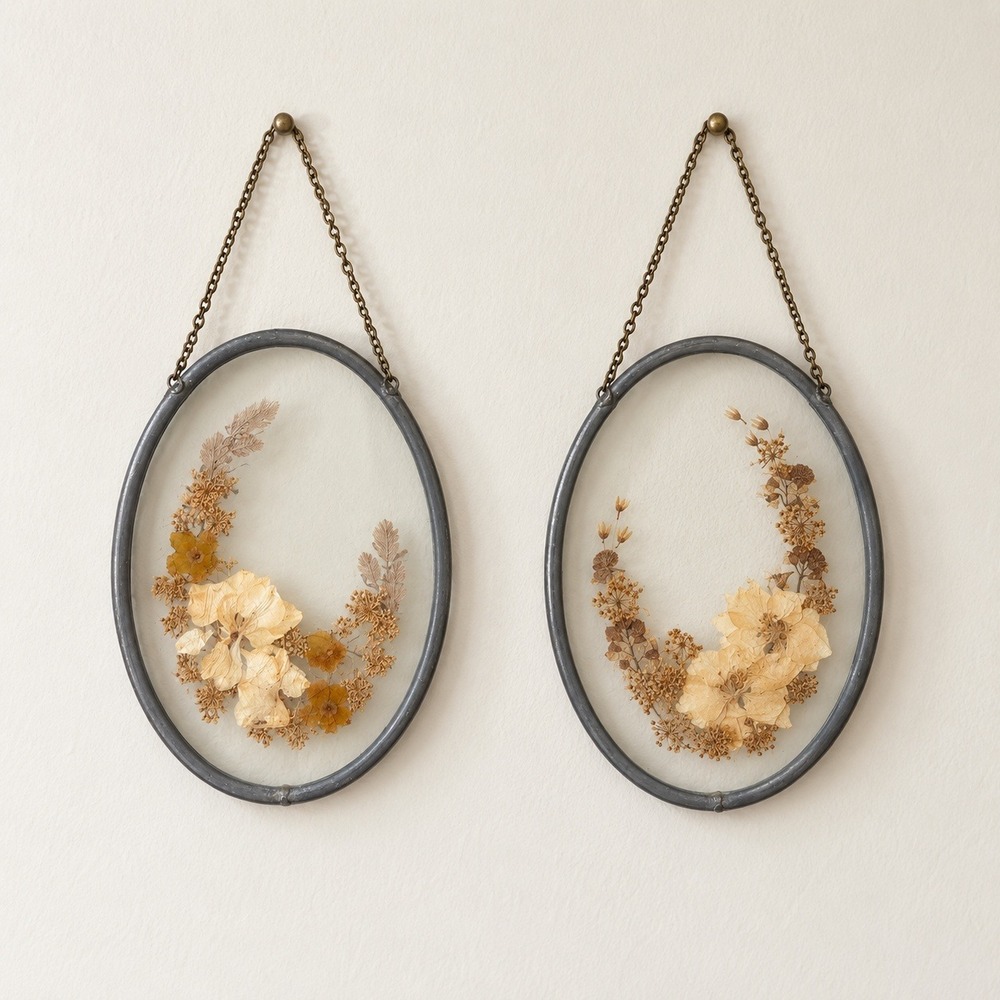 Vintage Pressed Flower Oval Glass Wall Hangings Set of 2 Lead Came Botanical Art